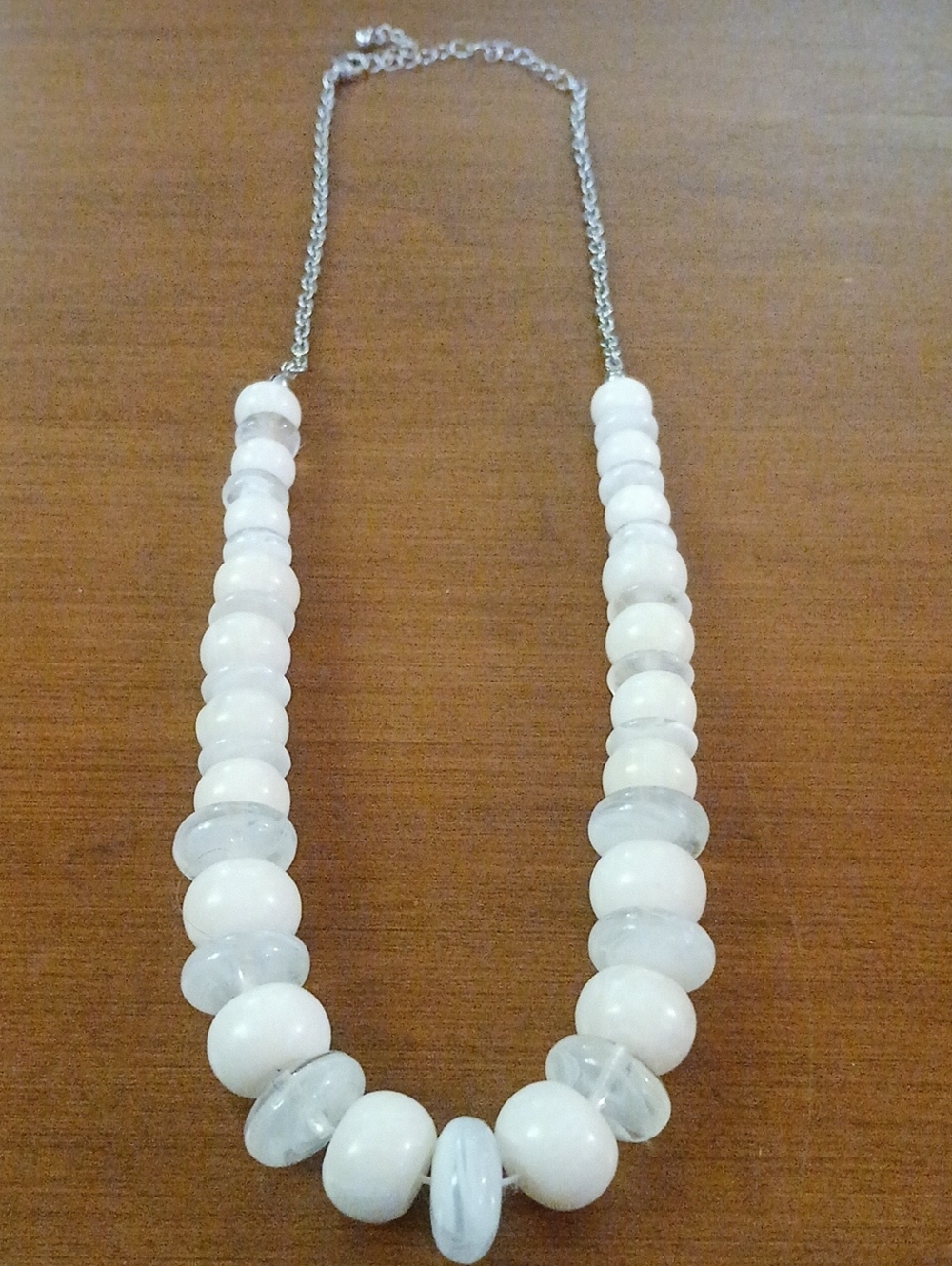 White Beaded Statement Necklace -Silver Tone Women Jewelry